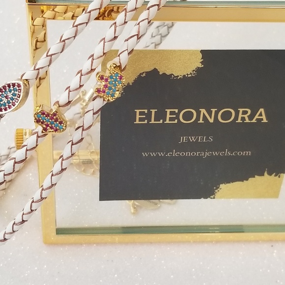 White braided round leather charm choker necklace. - Picture 2 of 6